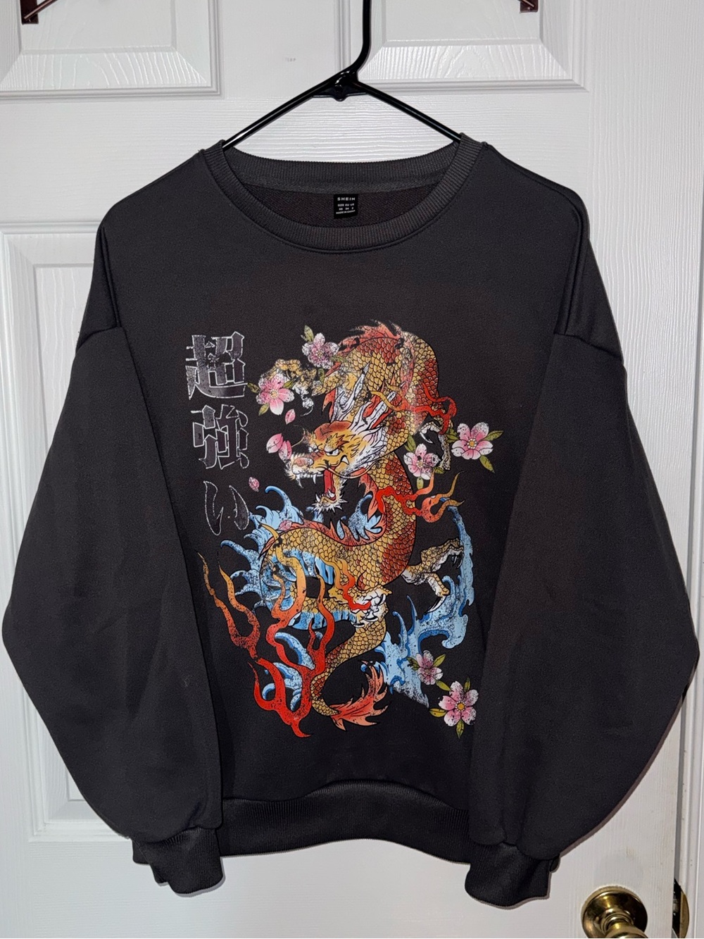 SHEIN Black Japanese Dragon Graphic Oversized Sweatshirt Pullover XS